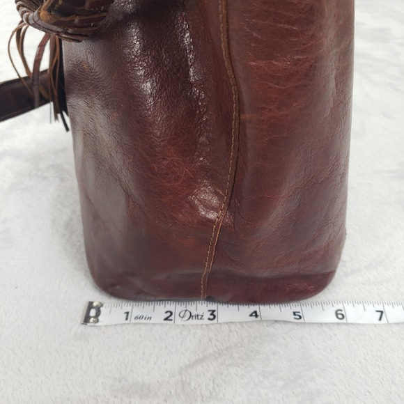 Sorpresa Leather Bucket Bag Drawstring Tassel Shoulder Bag Tote Brown Fringe - Picture 13 of 16